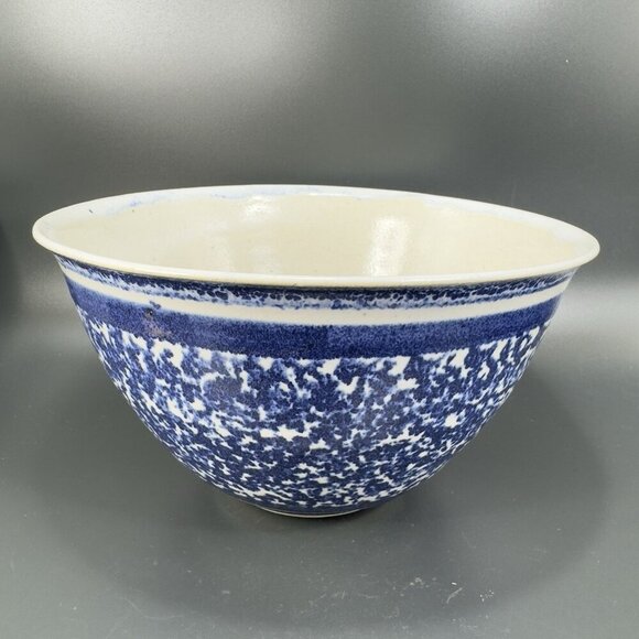 Vintage Hand Made Stoneware Pottery Dish Bowl Hand Glazed Blue Sponge ware Bowl - Picture 15 of 15